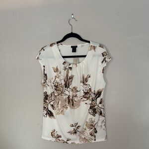 Ann Taylor Floral Cap Sleeve Blouse - Cream and Brown